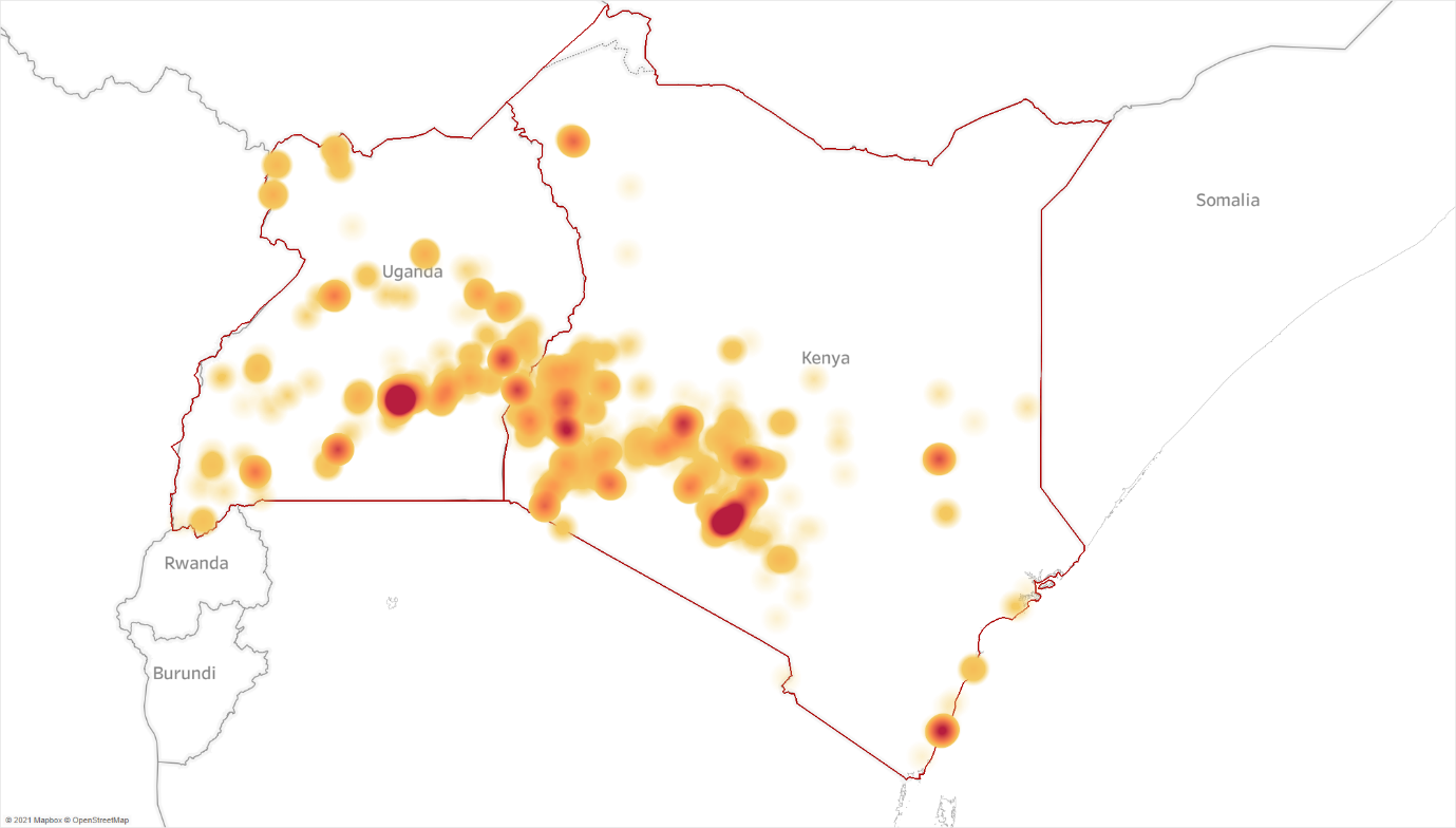 Map showing the geographic dispersion of the collected price quotes using colour