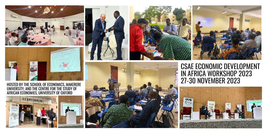 Photo compilation of shots of people at an academic workshop with presentations in Kampala