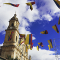 Colombian flag bunting flies in the city of Bogota
