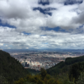 An aerial view of Bogota, Colombia including mountains