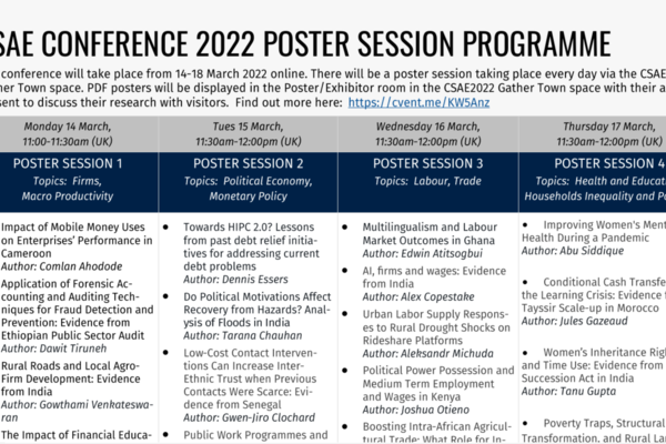 Screenshot of poster programme at CSAE Conference 2022