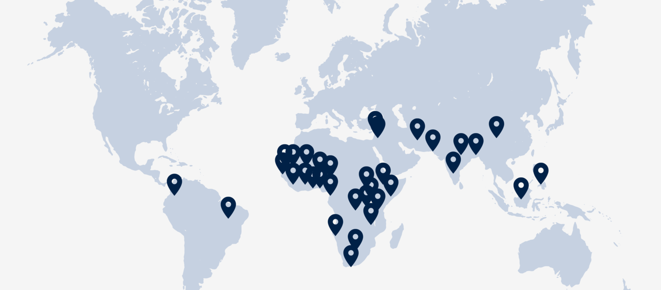 World map with points on countries that the CSAE is working in