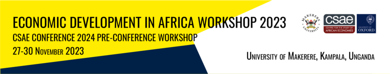 Economic Development in Africa Workshop 2023 email banner yellow blue and white with Makerere logo and CSAE logo
