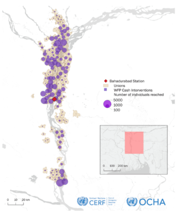 Map of the distribution of WFP cash to households along the Jamuna River in northern Bangladesh