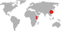 World map pointing to China, Ethiopia and Kenya