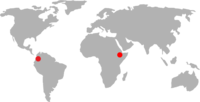 World map with red dot on Colombia and Ethiopia