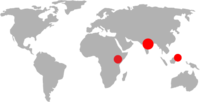 World map with red dots on Kenya, Uganda, Nepal, India and the Phillipines