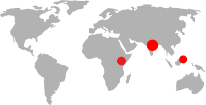 World map with red dots on Kenya, Uganda, Nepal, India and the Phillipines