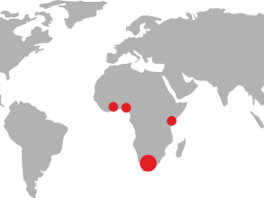 World map pointing to Ghana, Nigeria, Kenya, Botswana and South Africa