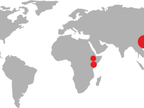 World map pointing to China, Ethiopia and Kenya