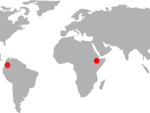 World map with red dot on Colombia and Ethiopia