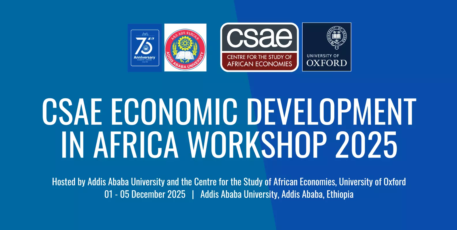CSAE Economic Development in Africa Workshop 2025 graphic with CSAE and Addis Ababa University logos, pink and white background