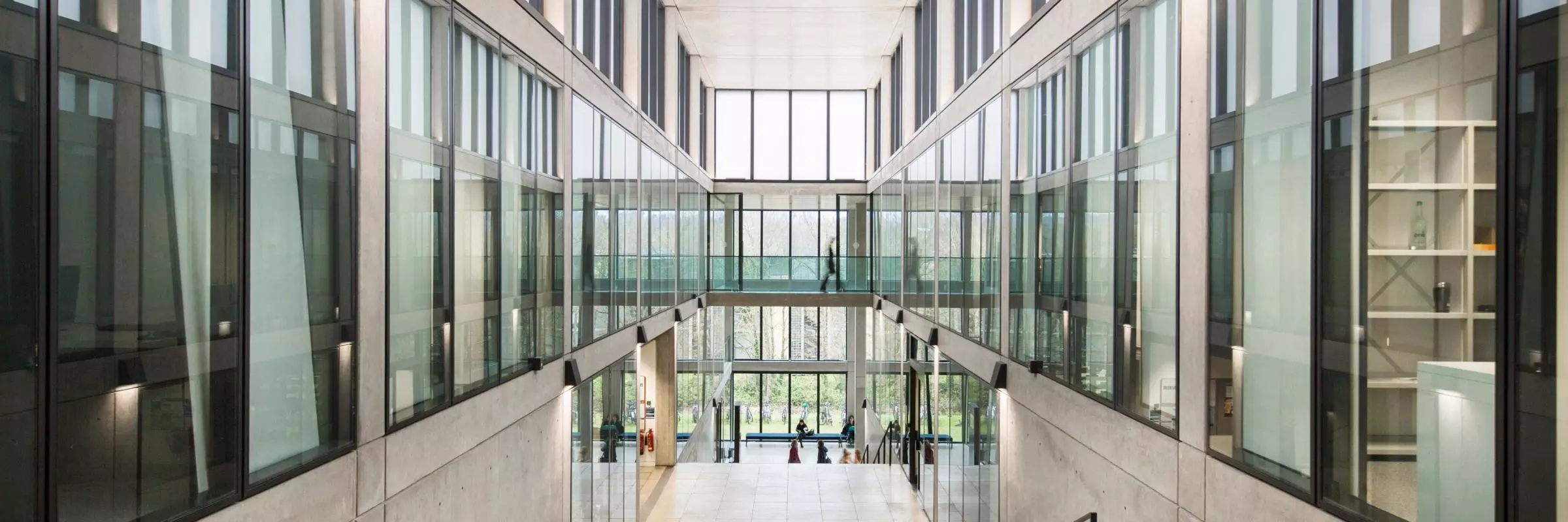 Manor Road Building Foyer with lots of interior windows and a raised walkway