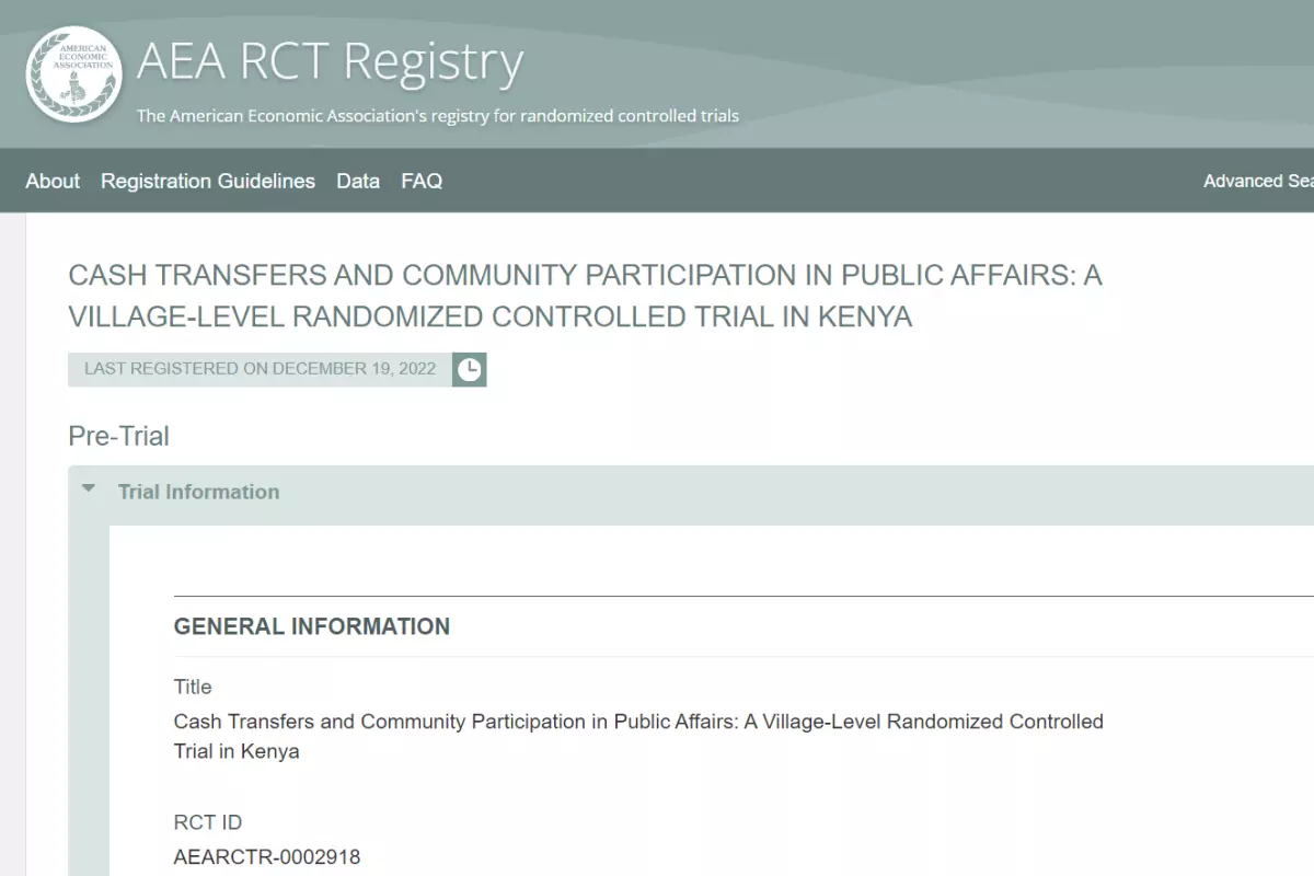 aea rct registry screenshot for cash transfers project