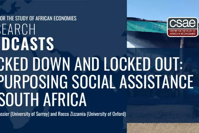 CSAE Research Podcasts graphic with photo of informal workers outside in South Africa