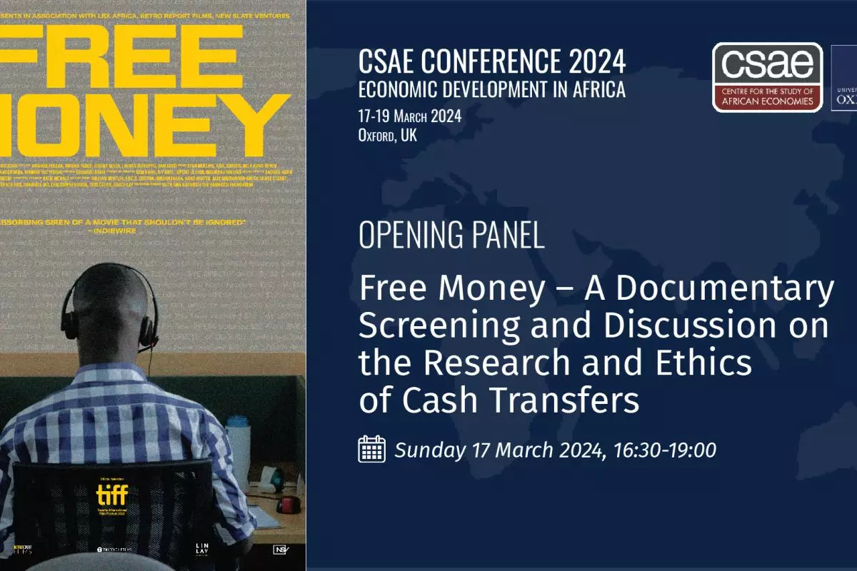 Free Money film post with man with headphones at desk image. Opening panel navy blue graphic for CSAE Conference 2024 with CSAE logo